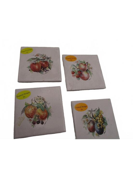 Vintage US Ceramic Fruit Tiles Set of 4 Orange Pear Ice Glaze 4.5x4.5
